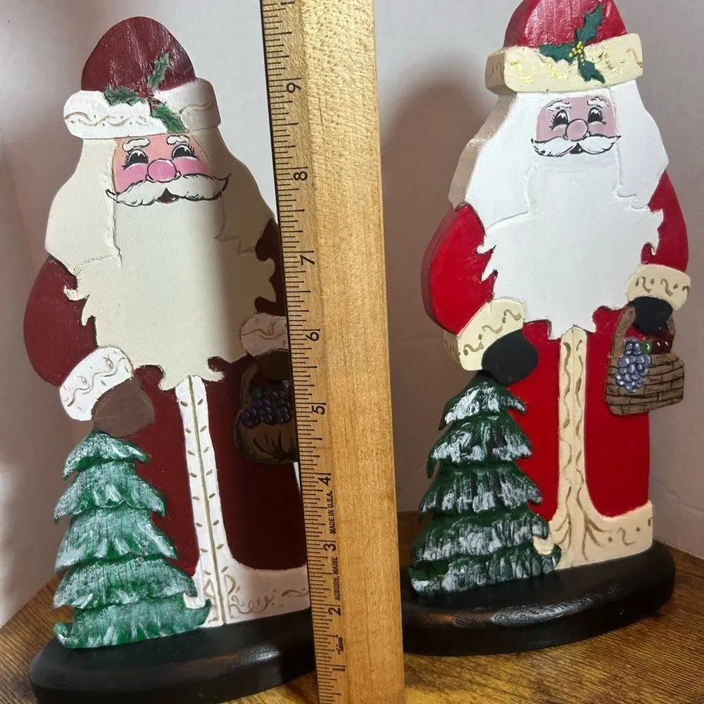 Vtg Handpainted Wooden Santas w Xmas Trees 10.25in Tall 5.5in Base Holiday Decor